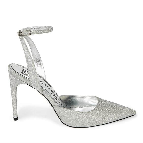 NWT$825 Givenchy Logo Ankle-Strap Silver Glitter Leather Pumps 100 Heels Sz 9 - Picture 3 of 16